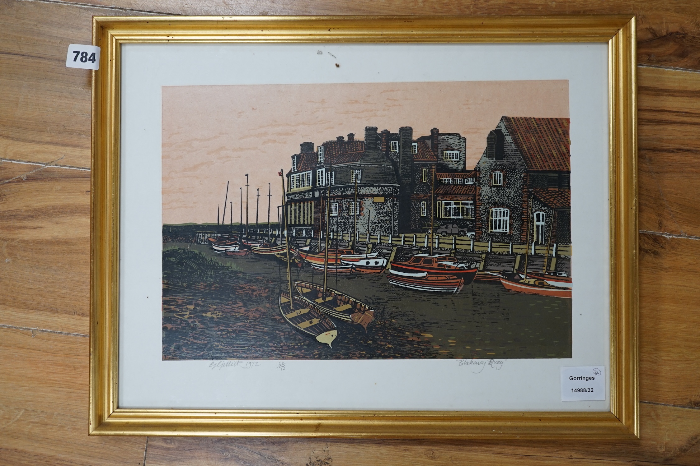 G. Gillick, four colour linocuts including 'Wells Next the Sea', 'Clay Mill', 'Blakeney Quay' and 'White House at Brancaster', each signed in pencil and limited edition, largest 51 x 32cm. Condition - fair